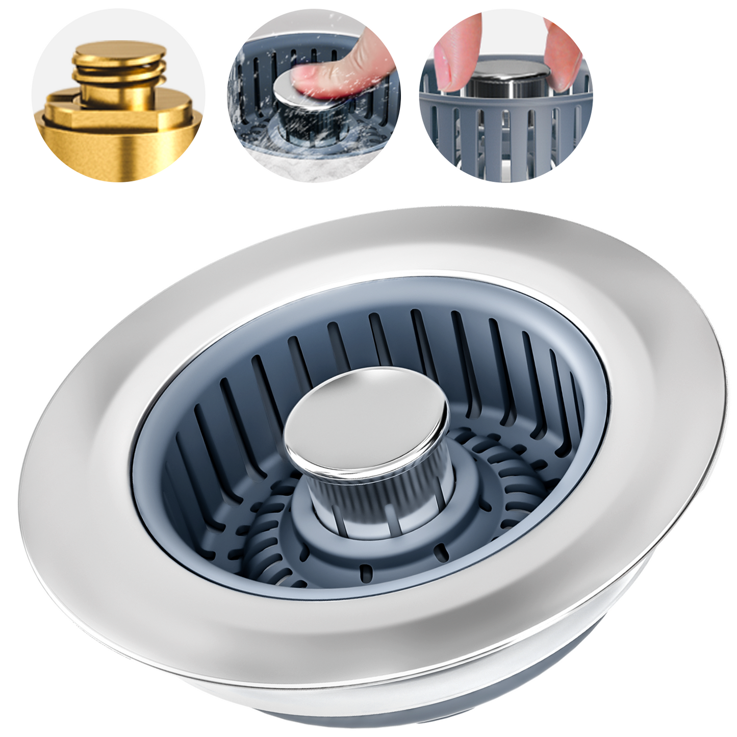 propuri Upgraded 3in1 Kitchen Sink Drain Strainer & Sink Stopper, Stainless Steel Kitchen Drain Plug , Cover with Anti-Clogging Basket Strainer, Fit US Standard 3-1/2'' Sink Drain Hole, Silver