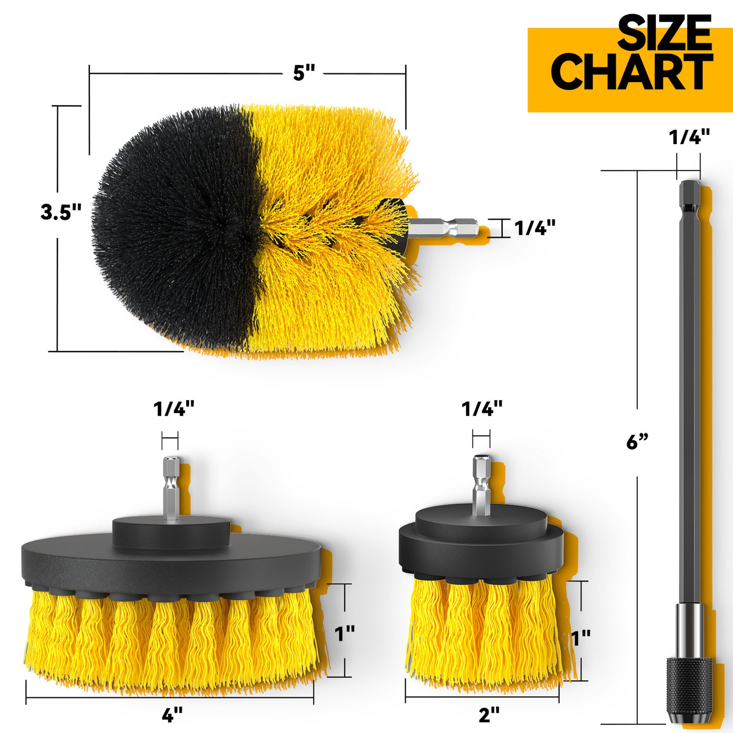 propuri Drill Brush,Power Scrubber Cleaning Brush, Extended Nylon Bristle Attachment,4Pack Yellow