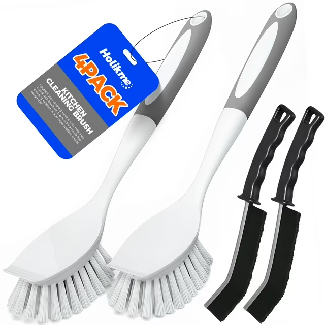 propuri 4 Pack Dish Brush with Handle for Cleaning, Crevice Cleaning Brush, Multifunctional Household Kitchen Scrub Brush for Dish, Pot, Pan, Kitchen Sink, Windowsill (Gray)