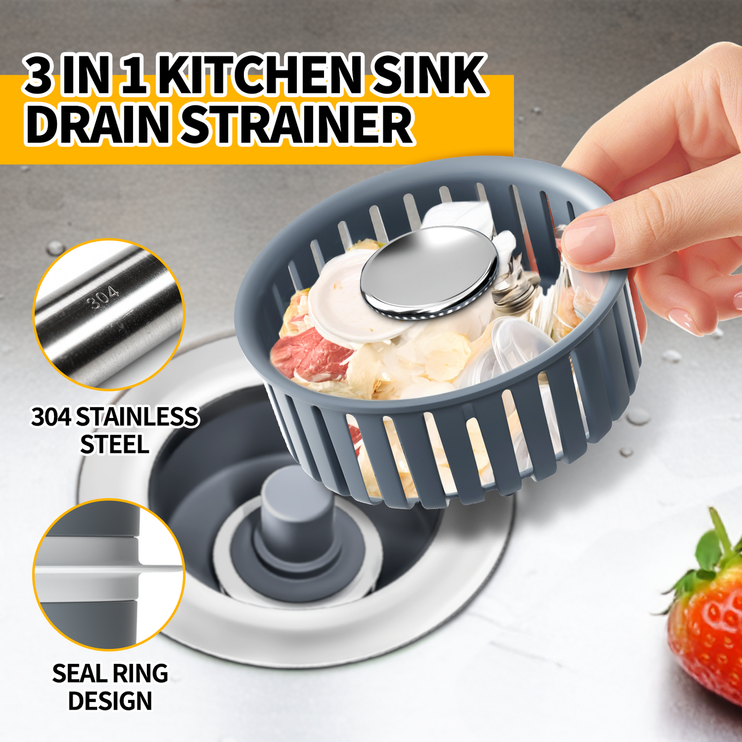 propuri Upgraded 3in1 Kitchen Sink Drain Strainer & Sink Stopper, Stainless Steel Kitchen Drain Plug , Cover with Anti-Clogging Basket Strainer, Fit US Standard 3-1/2'' Sink Drain Hole, Silver