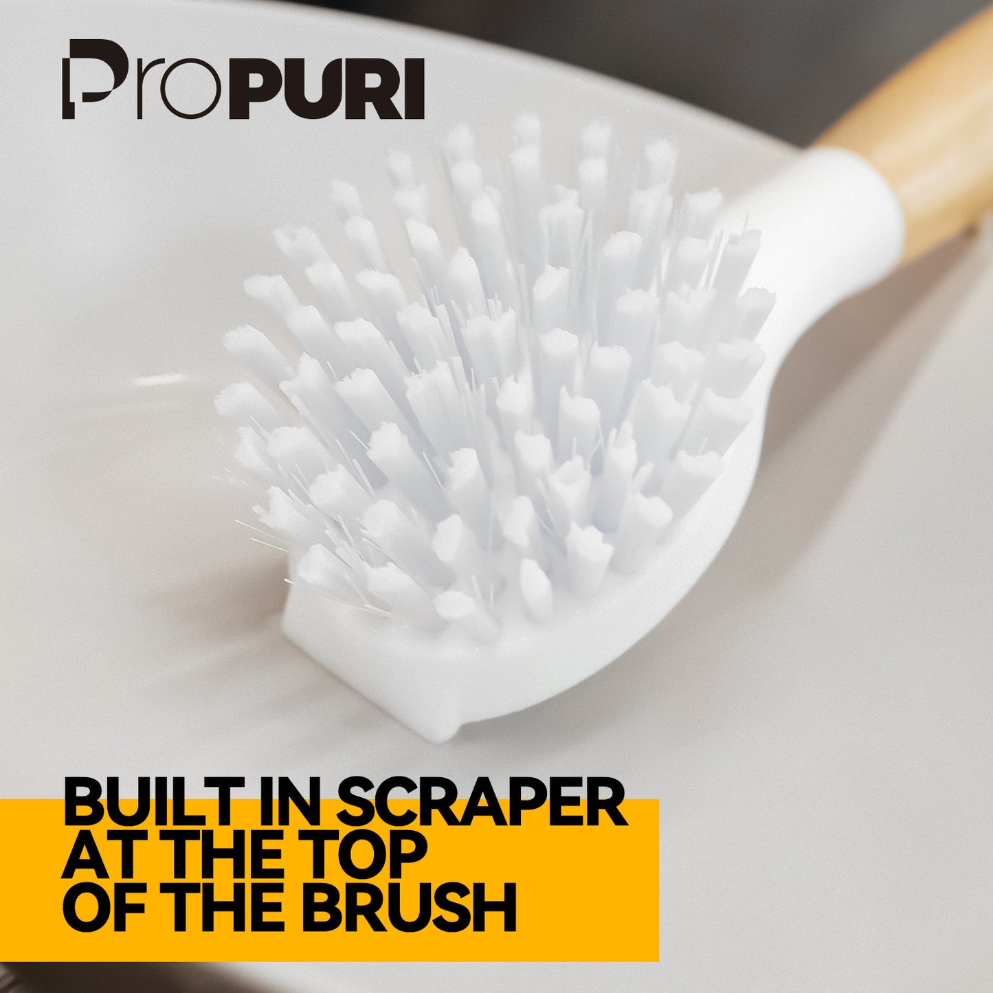 propuri 3 Pack Dish Brush Set with Bamboo Handle, Skillet Scrubber with Tough Bristles for Cast Iron Grill Pan, White Yellow Black