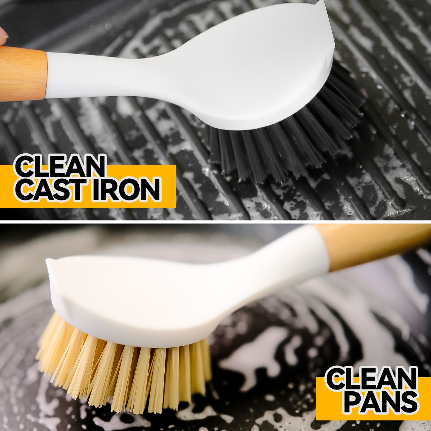 propuri 3 Pack Dish Brush Set with Bamboo Handle, Skillet Scrubber with Tough Bristles for Cast Iron Grill Pan, White Yellow Black