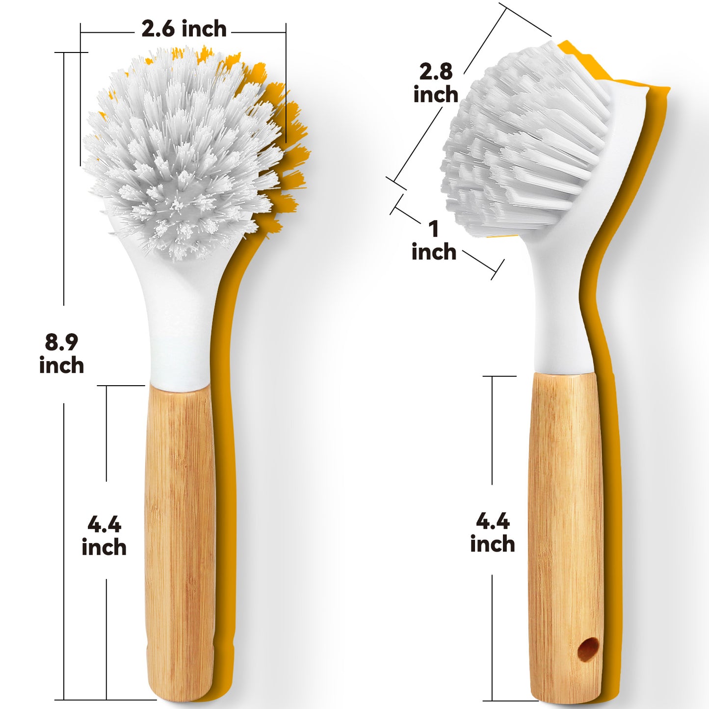 propuri 3 Pack Dish Brush Set with Bamboo Handle, Skillet Scrubber with Tough Bristles for Cast Iron Grill Pan, White Yellow Black