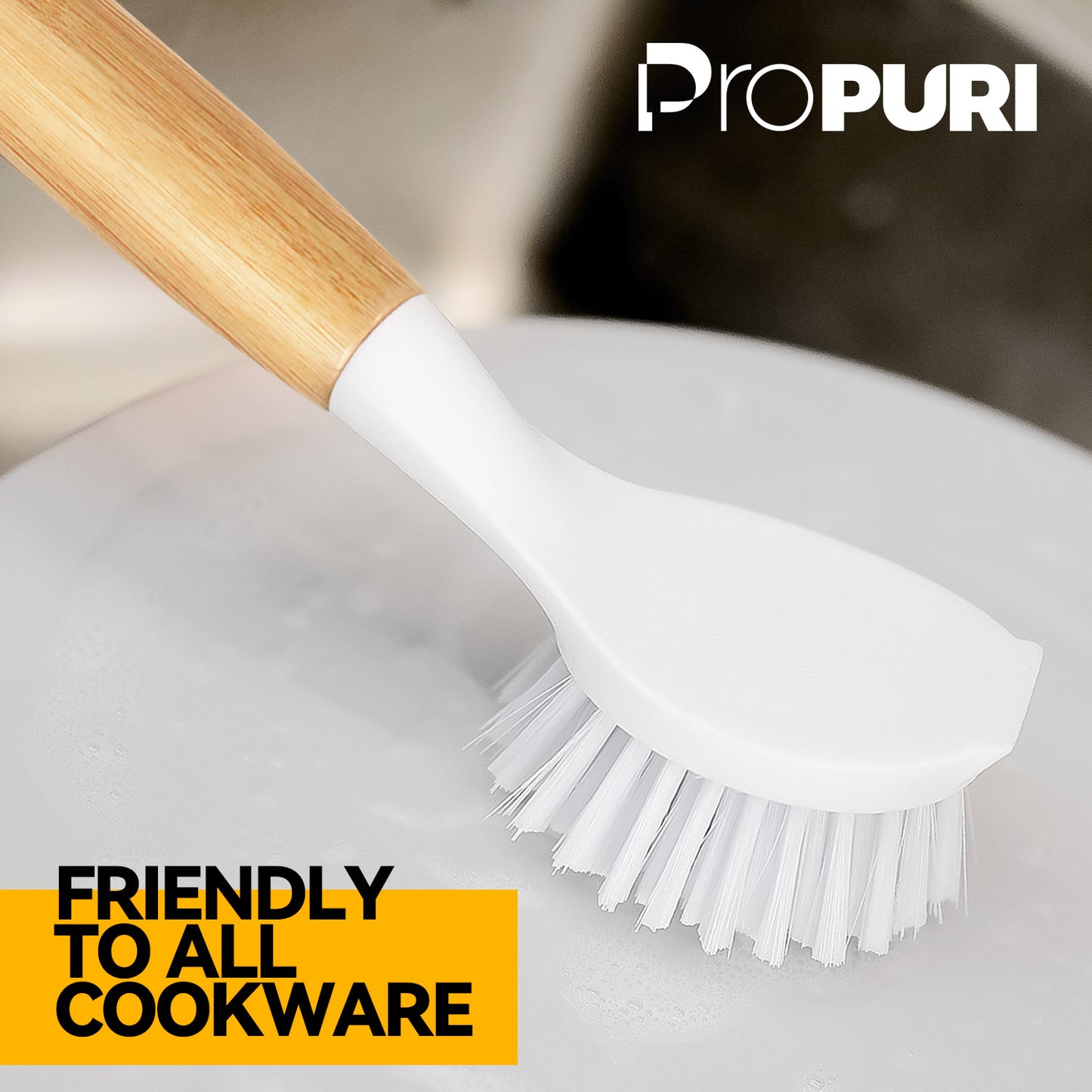 propuri 3 Pack Dish Brush Set with Bamboo Handle, Skillet Scrubber with Tough Bristles for Cast Iron Grill Pan, White Yellow Black