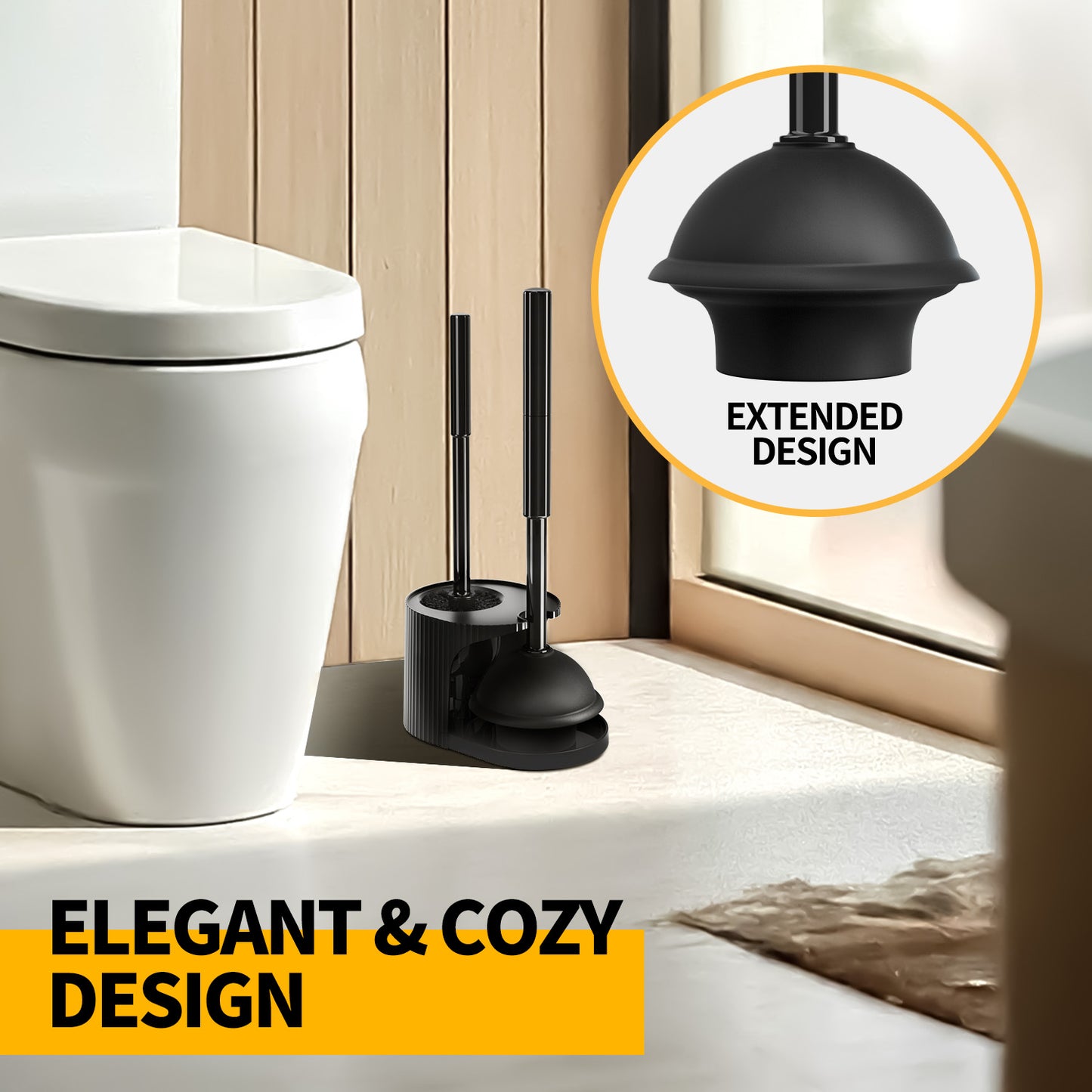 propuri 2 in 1 Toilet Plunger and Brush Set,Extended Handle Plunger,Bathroom Cleaning Tools ,Black