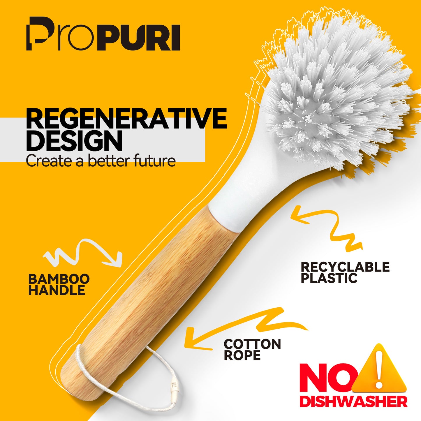 propuri 3 Pack Dish Brush Set with Bamboo Handle, Skillet Scrubber with Tough Bristles for Cast Iron Grill Pan, White Yellow Black