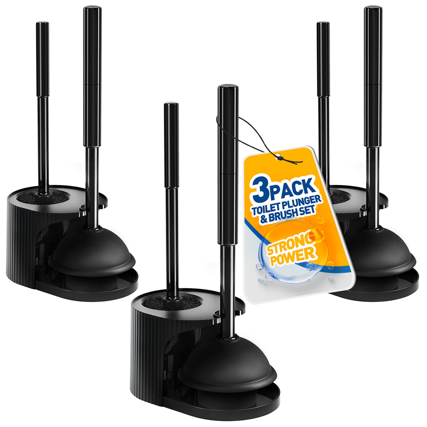 propuri 2 in 1 Toilet Plunger and Brush Set,Extended Handle Plunger,Bathroom Cleaning Tools,3PACK Black
