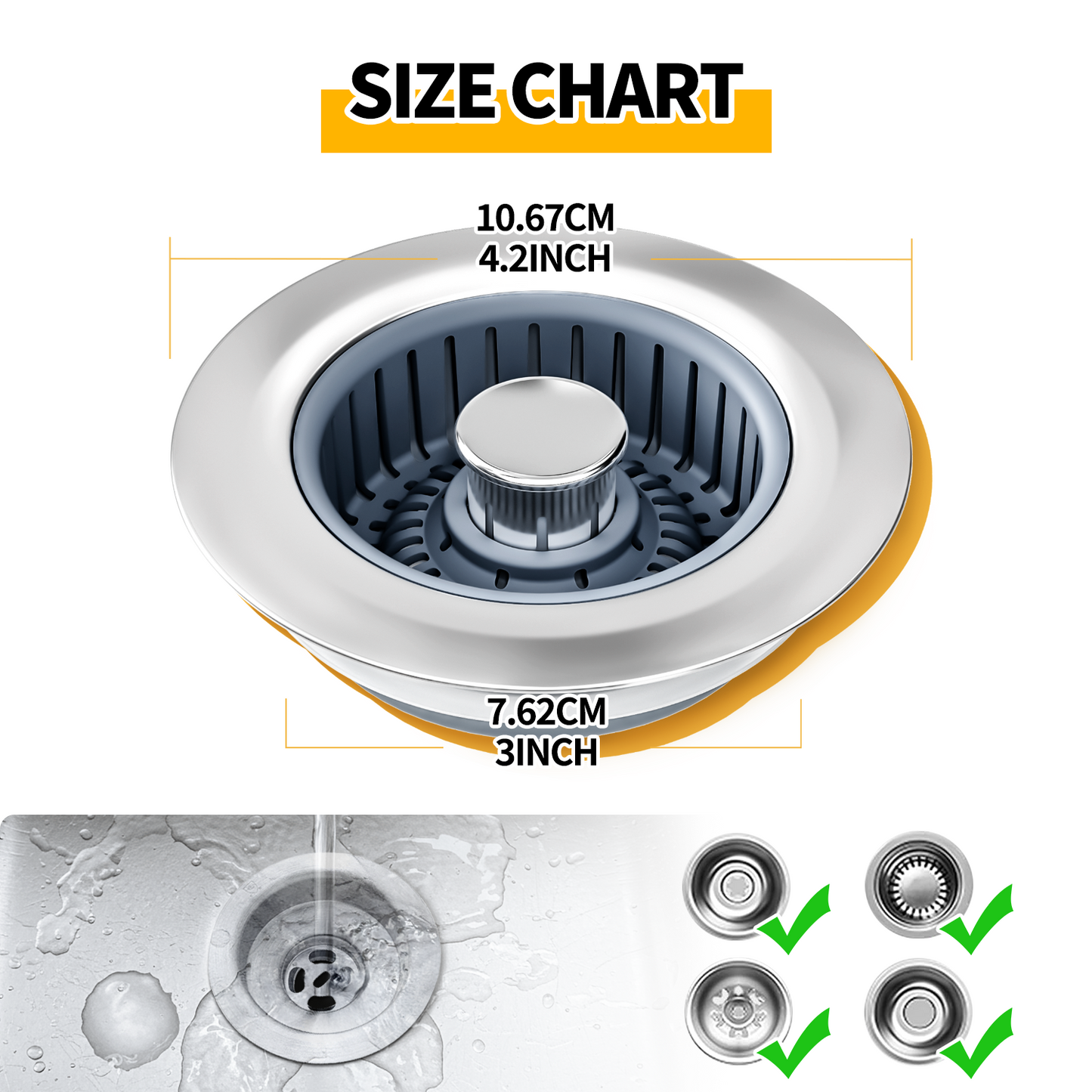 propuri Upgraded 3in1 Kitchen Sink Drain Strainer & Sink Stopper, Stainless Steel Kitchen Drain Plug , Cover with Anti-Clogging Basket Strainer, Fit US Standard 3-1/2'' Sink Drain Hole, Silver