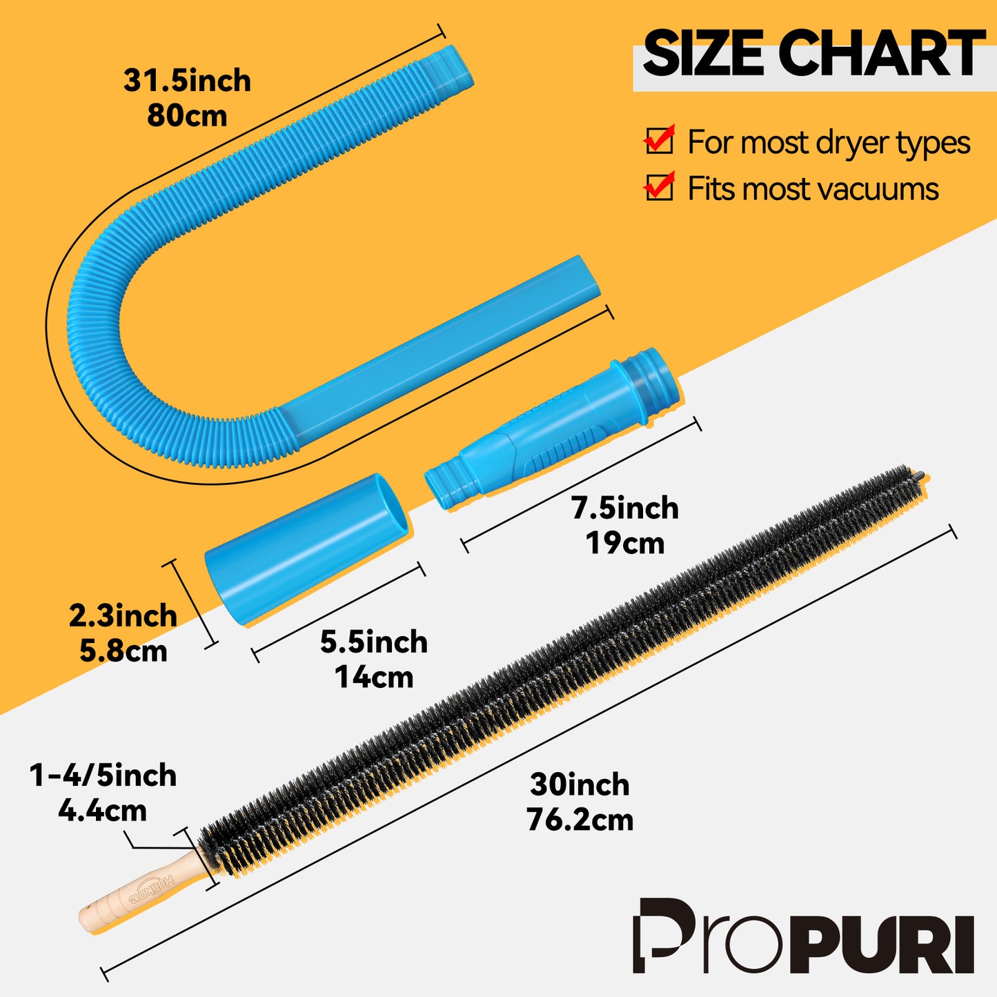 propuri Dryer Vent Cleaning Kit, Dryer Lint Vacuum Attachment and Flexible Dryer Lint Brush, Vacuum Hose Attachment, 2PCS Blue
