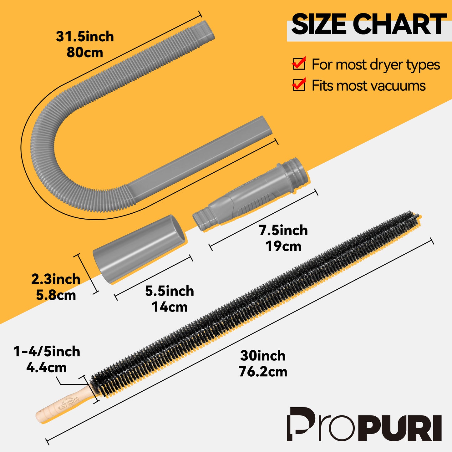 propuri Dryer Vent Cleaning Kit, Dryer Lint Vacuum Attachment and Flexible Dryer Lint Brush, Vacuum Hose Attachment Brush, 2PCS Grey