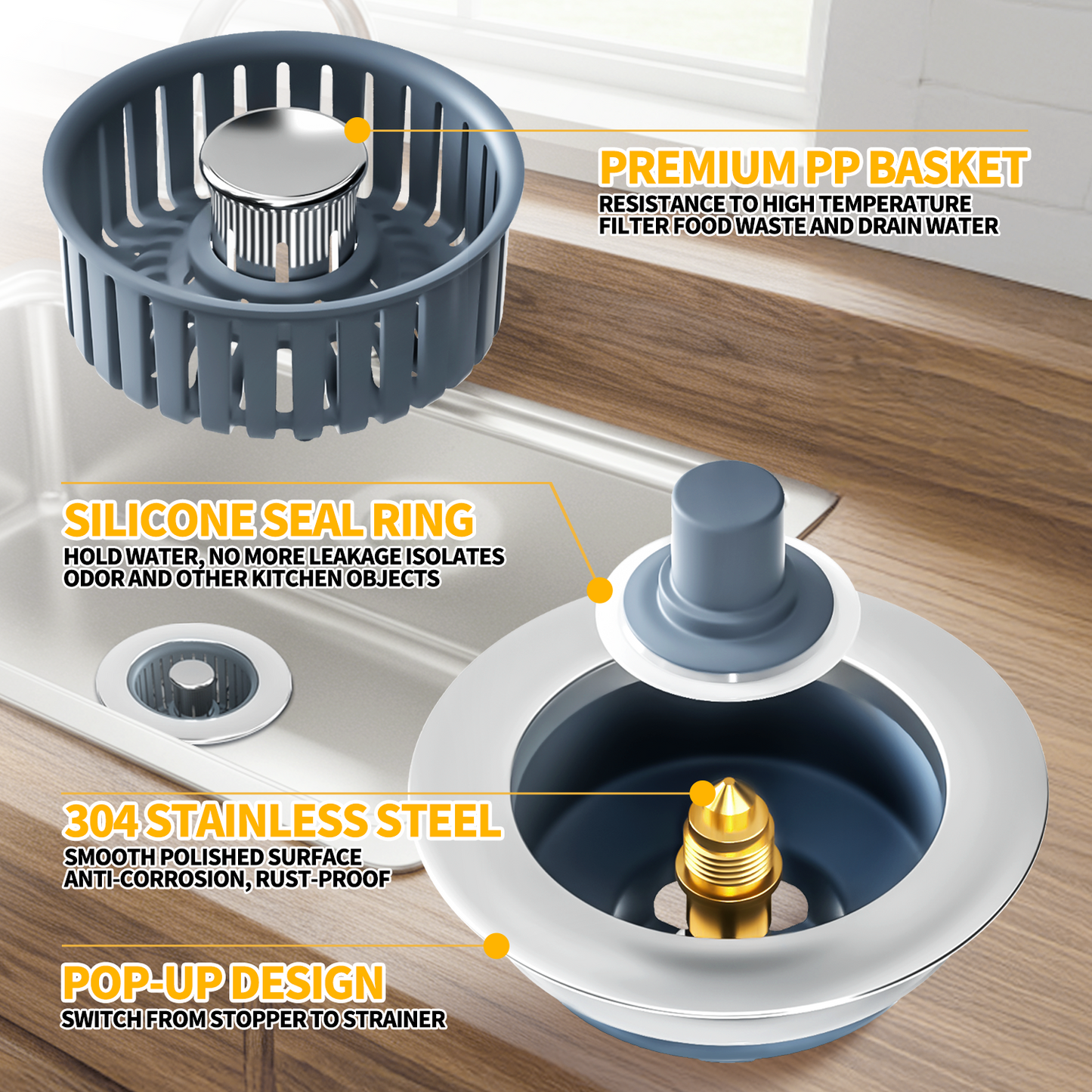 propuri Upgraded 3in1 Kitchen Sink Drain Strainer & Sink Stopper, Stainless Steel Kitchen Drain Plug , Cover with Anti-Clogging Basket Strainer, Fit US Standard 3-1/2'' Sink Drain Hole, Silver