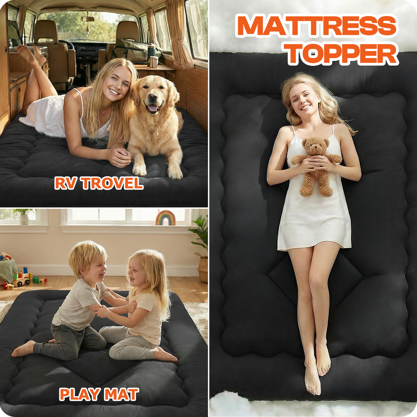 CHIC LINK 4" Thick Japanese Futon Mattress Pad - Foldable Floor Mattress & Sleeping Pad for Guests, Dorms & Kids Rooms, Portable Tatami Style Bed with Firm Support & Carry Strap, Full Size, Black