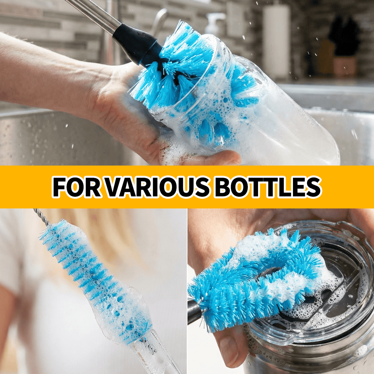 propuri 4 Pack Bottle Brush Set, 14.5" Long Handle Stainless Steel Bottle Cleaner Brush, Long-Handled 4-in-1 Stainless Steel Bottle Brushes for Water Bottle, Cups, Abrasive Wheel Brushes, Blue