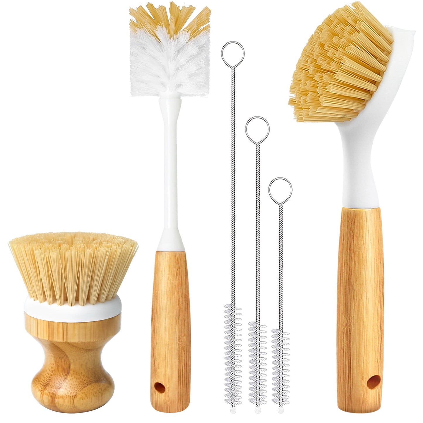 NSTB Dish Brush Scouring Pad Set with Bottle Brush, Dish Brush, Palm Scrub Brush and Straw Brush, Dish Scrubber Long Handle for Dish Bottle Cup Skillet , 6 Pack Yellow
