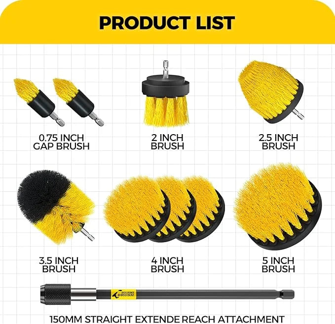 propuri Drill Brush,Power Scrubber Cleaning Brush, Extended Nylon Bristle Attachment,10 Pack Yellow
