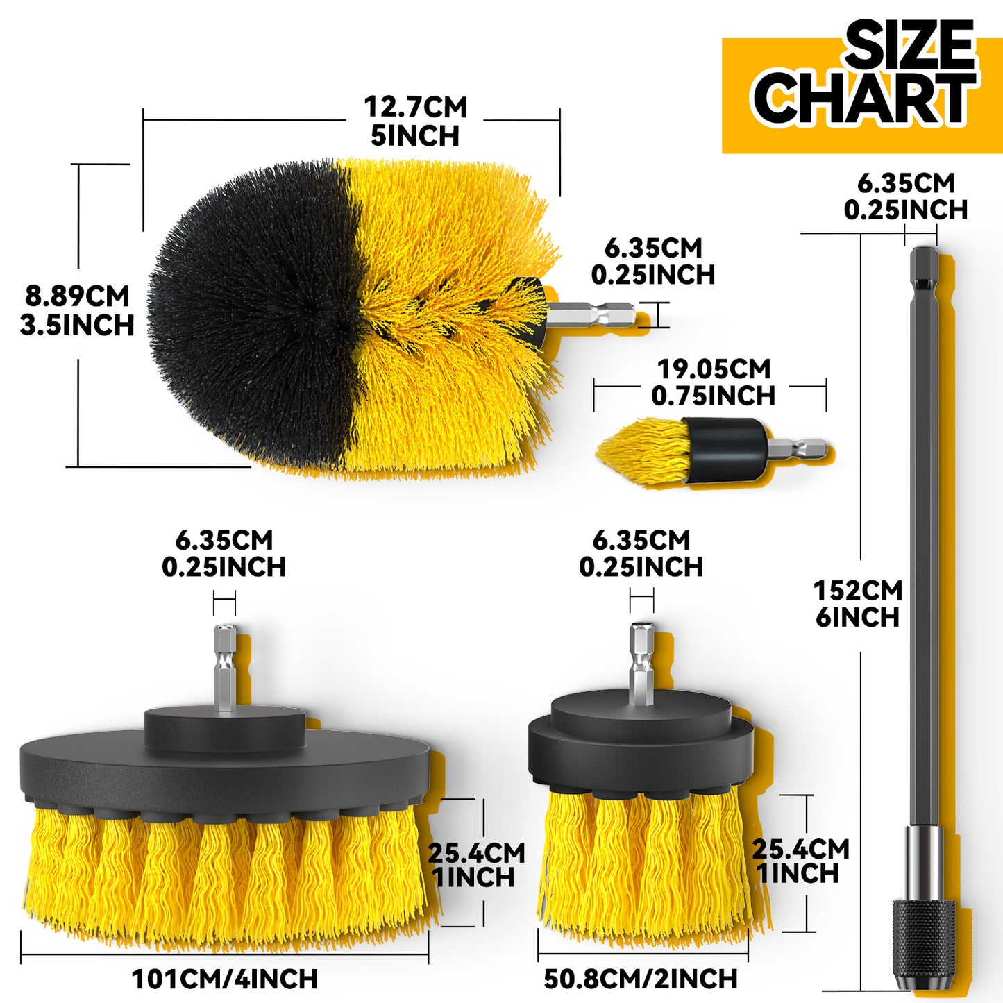 propuri Drill Brush,Power Scrubber Cleaning Brush, Extended Nylon Bristle Attachment,6Pack Yellow