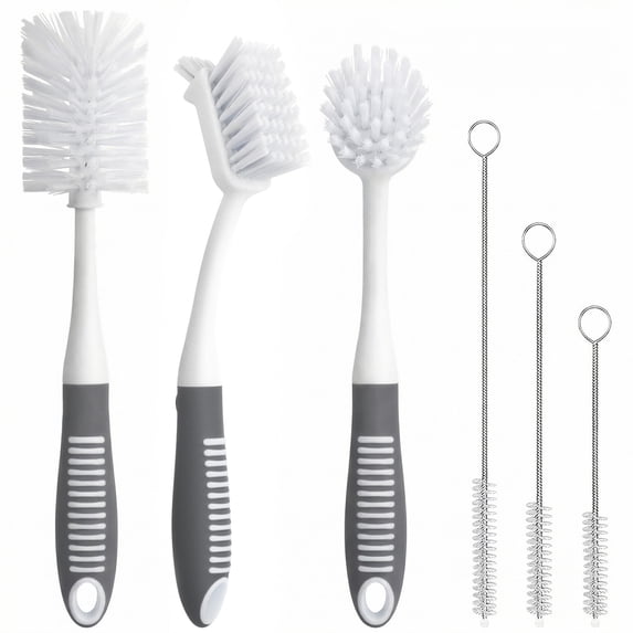 propuri 6 Pack Dish Brush Set with Bottle Brush, Dish Scrub Brush, Pan Brush and 3 Straw Brushes, Deep Cleaning Handle Brush with Scraper Tip for Kitchen Sink Dishes Bottle Cup Pot and Pans (Gray)