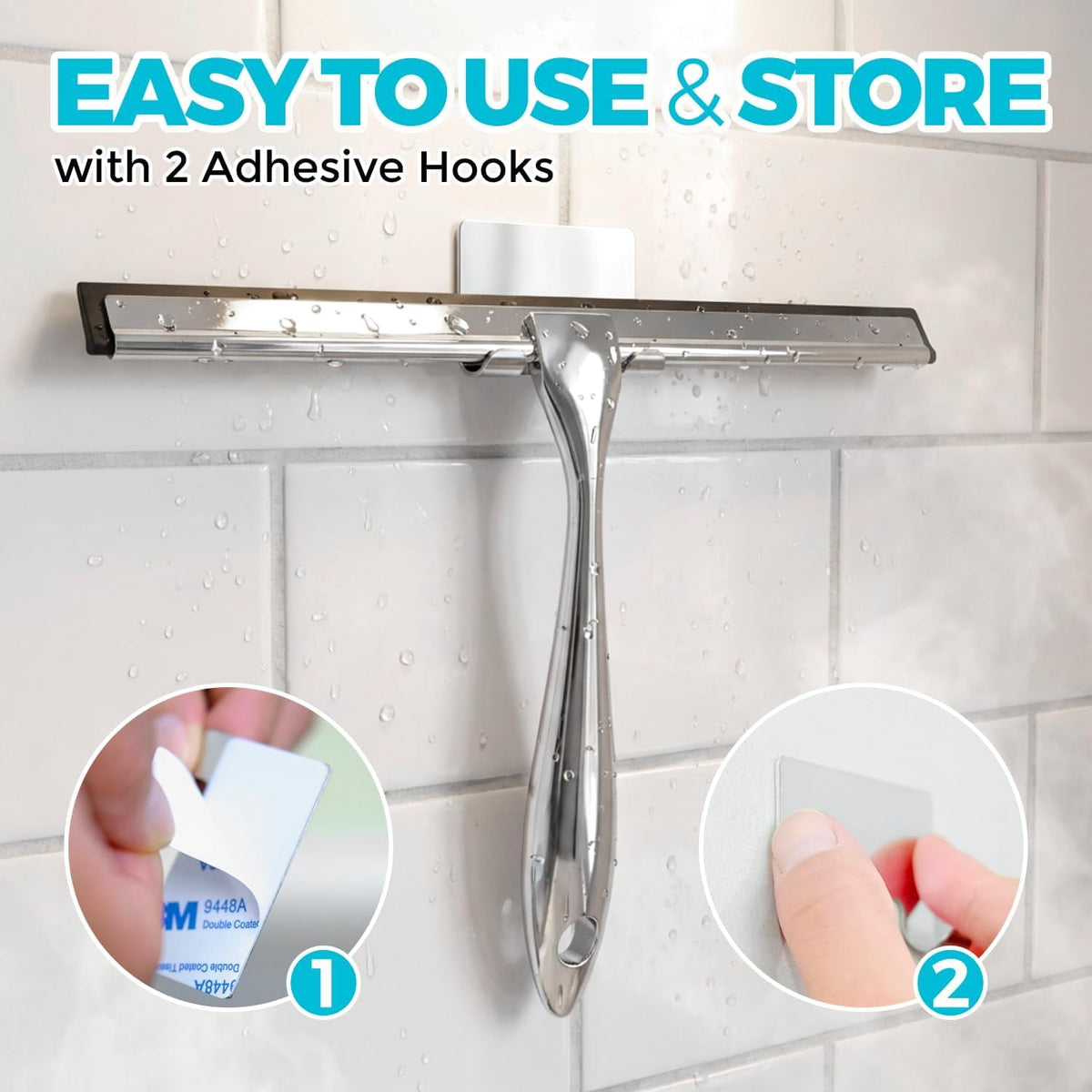 2 Pack Shower Squeegee with Adhesive Hook, 12in Glass Wiper, Soft Rubber Blade & Metal Ergonomic Handle, Bathroom Window Cleaning Tool, New Home Essentials