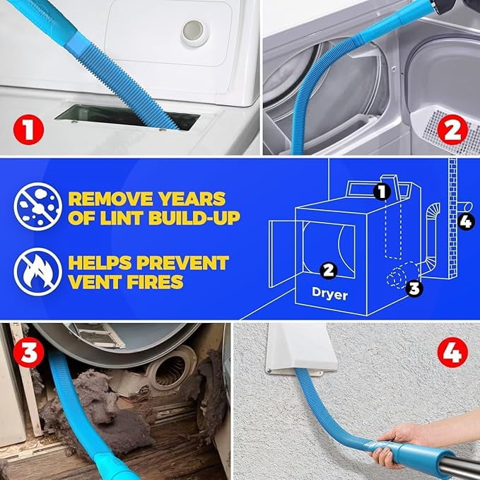propuri 32feet Dryer Vent Cleaning Kit Include Dryer Vent Brush, Blue Dryer Lint Vacuum Attachment Dryer Lint Trap Brush, Vacuum & Dryer Adapters
