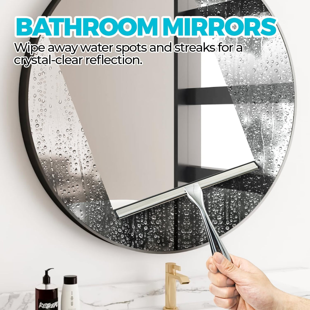 Shower Squeegee with Adhesive Hook, 10in Glass Wiper, Soft Rubber Blade & Metal Ergonomic Handle, Bathroom Window Cleaning Tool, New Home Essentials