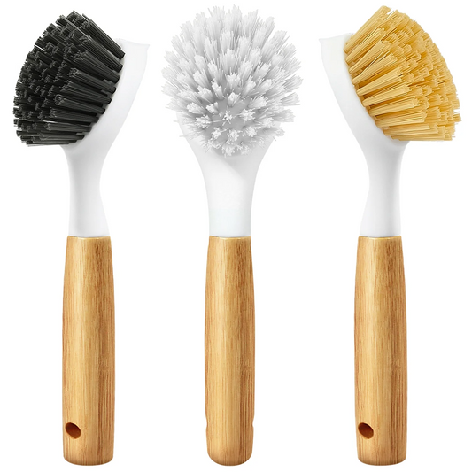 propuri Dish Brush Set with Bamboo Handle, Kitchen Scrub Brush,3 Pack Yellow White Black1