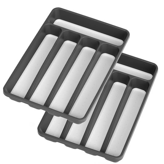 propuri Silverware Organizer - BPA-Free Kitchen Drawer Organizer with Non-slip TPR Linings, Utensil Holder Cutlery Drawer Organizer for Forks, Spoons and Knives- 5 Slots, Grey，2Pack