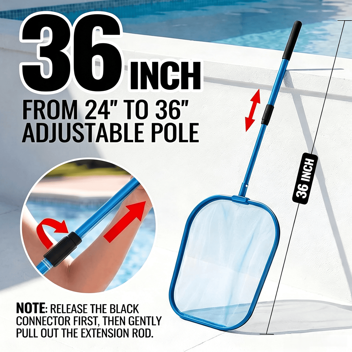 24¡±-36" Hot Tub Pool Skimmer Net with Pole All-Metal Aluminum Frame & Handle for Small Above Ground Pools - Lightweight Pool Skimmer Net for Daily Leaves Bugs Removal Easy Cleaning, Metal Blue