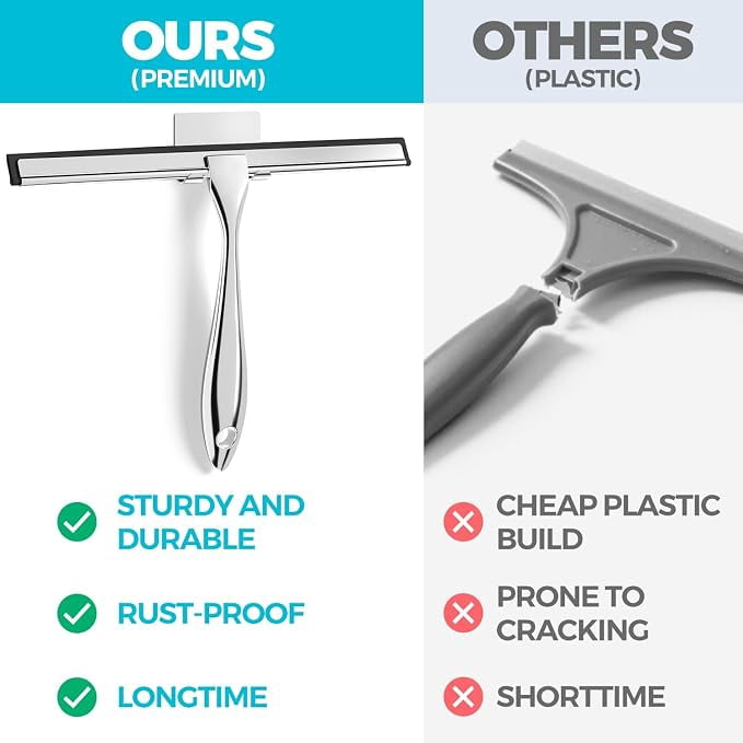 2 Pack Shower Squeegee with Adhesive Hook, 12in Glass Wiper, Soft Rubber Blade & Metal Ergonomic Handle, Bathroom Window Cleaning Tool, New Home Essentials