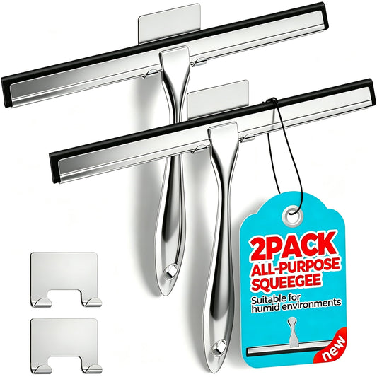 2 Pack Shower Squeegee with Adhesive Hook, 12in Glass Wiper, Soft Rubber Blade & Metal Ergonomic Handle, Bathroom Window Cleaning Tool, New Home Essentials