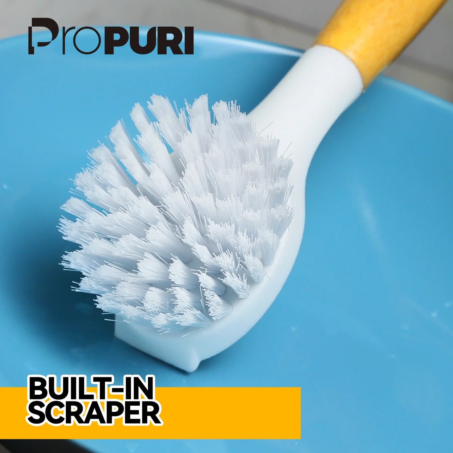 propuri Dish Brush Set with Bamboo Handle, Kitchen Scrub Brush,3 Pack Yellow White Black
