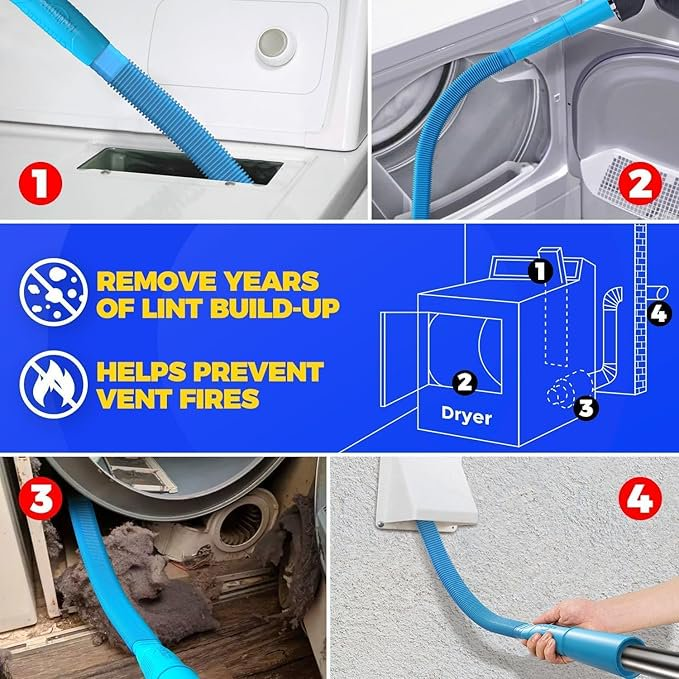 propuri 32feet Dryer Vent Cleaning Kit Include Dryer Vent Brush, Blue Dryer Lint Vacuum Attachment Dryer Lint Trap Brush, Vacuum & Dryer Adapters