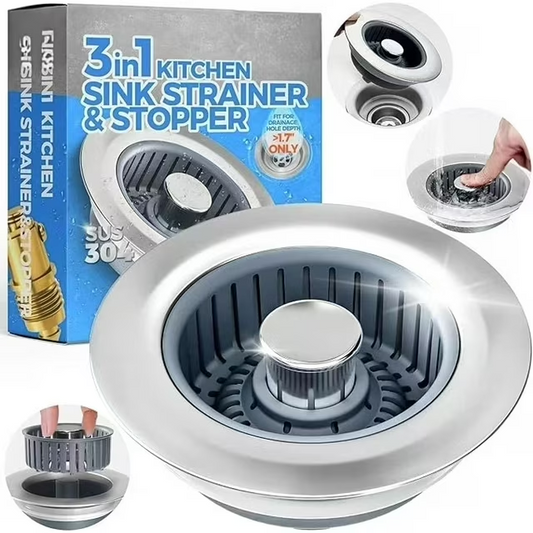 propuri Upgraded 3in1 Kitchen Sink Drain Strainer & Sink Stopper, Stainless Steel Kitchen Drain Plug ， Cover with Anti-Clogging Basket Strainer, Fit US Standard 3-1/2'' Sink Drain Hole, Silver