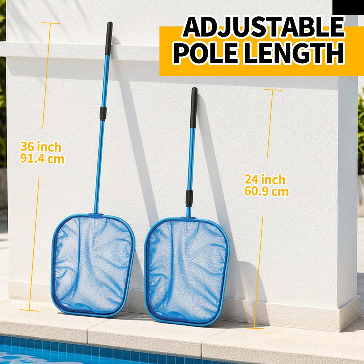 24¡±-36" Hot Tub Pool Skimmer Net with Pole All-Metal Aluminum Frame & Handle for Small Above Ground Pools - Lightweight Pool Skimmer Net for Daily Leaves Bugs Removal Easy Cleaning, Metal Blue