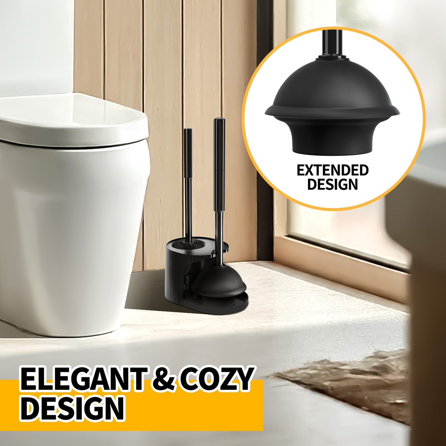 propuri 2 in 1 Toilet Plunger and Brush Set，Extended Handle Plunger,Bathroom Cleaning Tools ,Black,2pack
