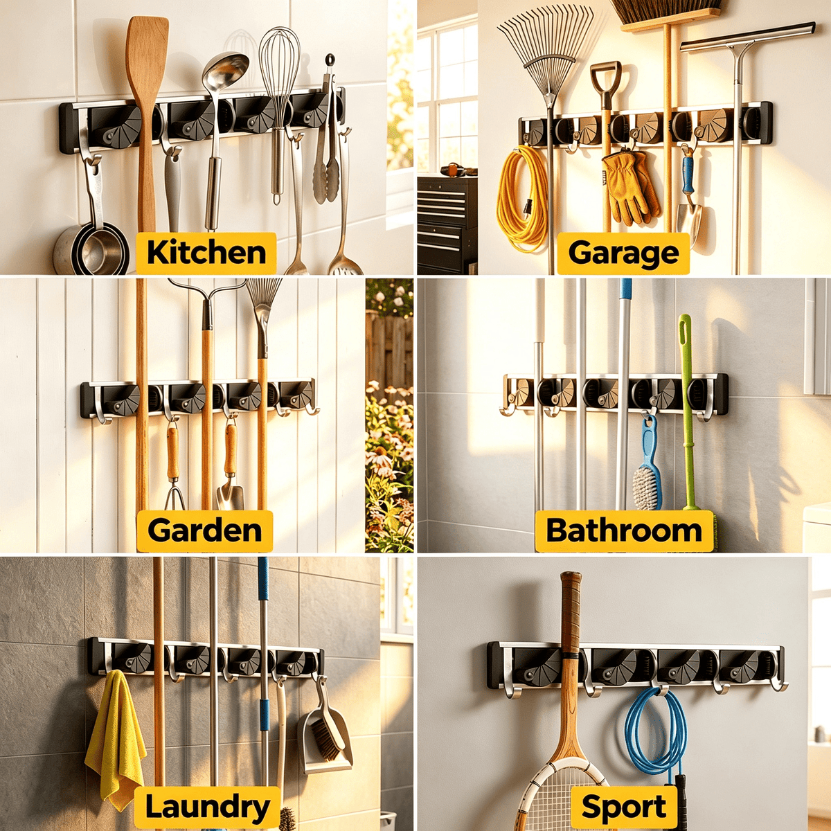 propuri Mop Broom Holder Wall Mount Metal Pantry Organization and Storage Garden Kitchen Tool Organizer Wall Hanger for Home Goods (4 Positions with 4 Hooks, Black)