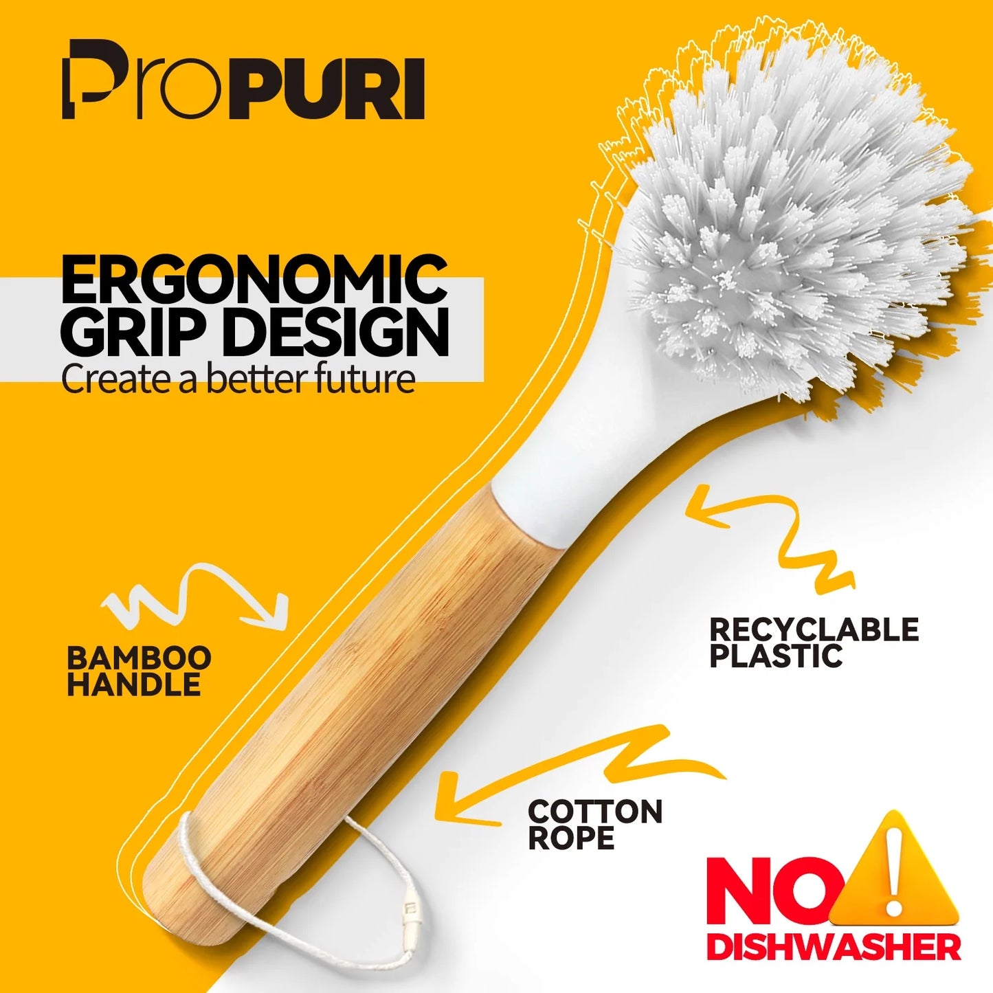 propuri Dish Brush Set with Bamboo Handle, Kitchen Scrub Brush,3 Pack Yellow White Black