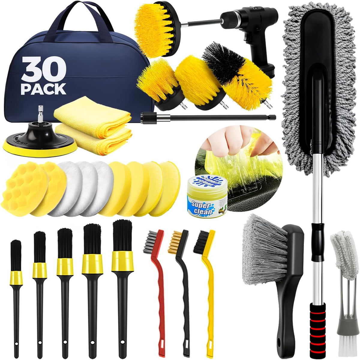 30Pcs Car Detailing Kit, Interior Exterior Wheel Car Cleaning Set with Brushes, Towels, Wash Mitt, Cleaning Gel, Extendable Duster for Vehicle Home Office