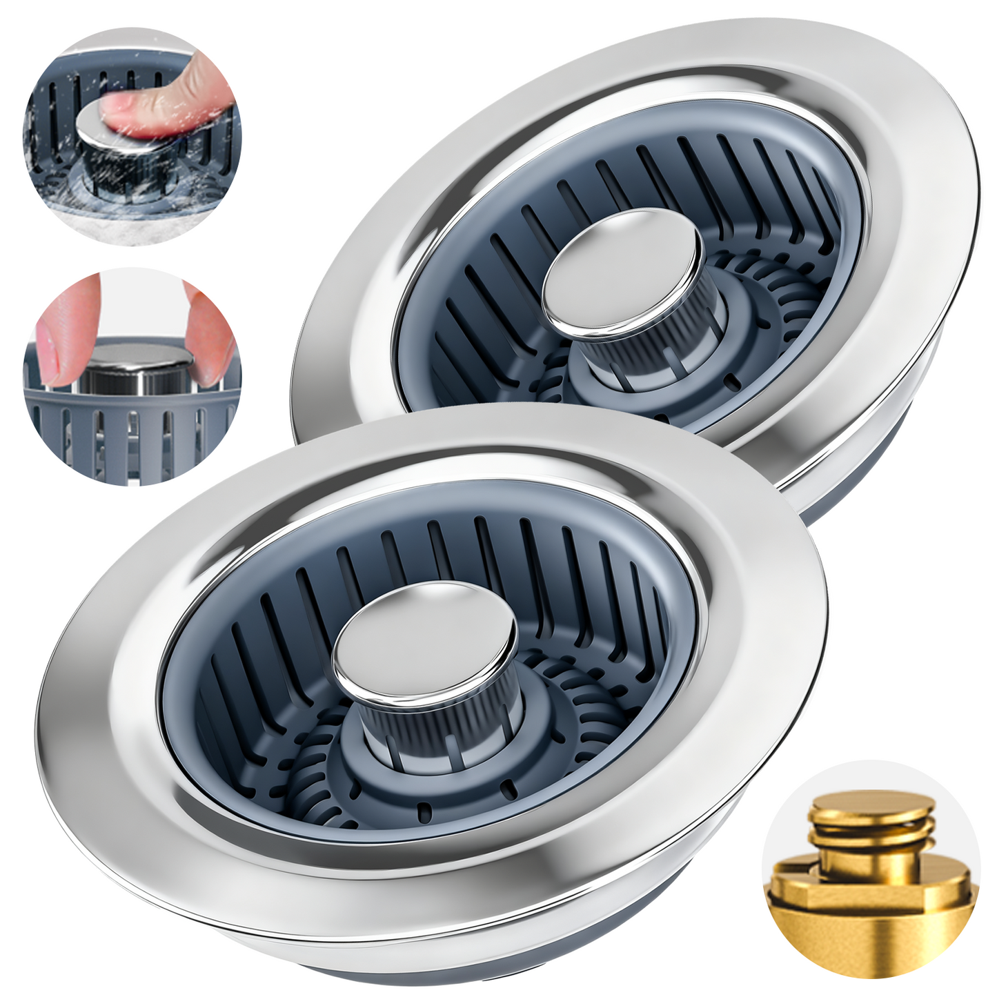 propuri 2 Pack 3 in 1 Kitchen Sink Drain Strainer & Sink Stopper, Upgraded Stainless Steel Drain Plug Combo with Anti-Clog Basket, Pop Up Drain Cover for Standard 3-1/2'',Garbage Disposal Parts