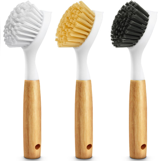 propuri 3 Pack Dish Brush Set with Bamboo Handle, Skillet Scrubber with Tough Bristles for Cast Iron Grill Pan, White Yellow Black