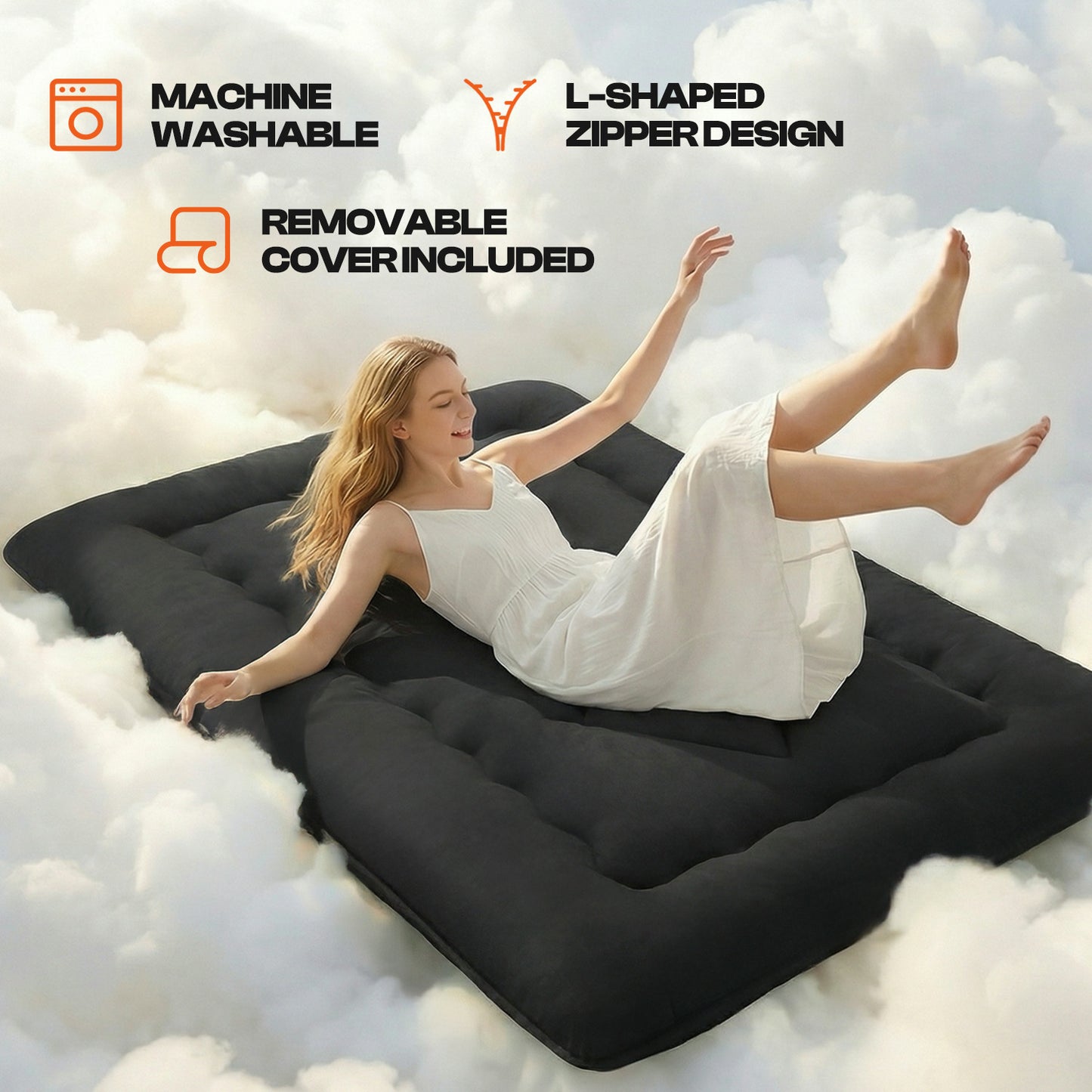 CHIC LINK 4" Thick Japanese Futon Mattress Pad - Foldable Floor Mattress & Sleeping Pad for Guests, Dorms & Kids Rooms, Portable Tatami Style Bed with Firm Support & Carry Strap, Full Size, Black