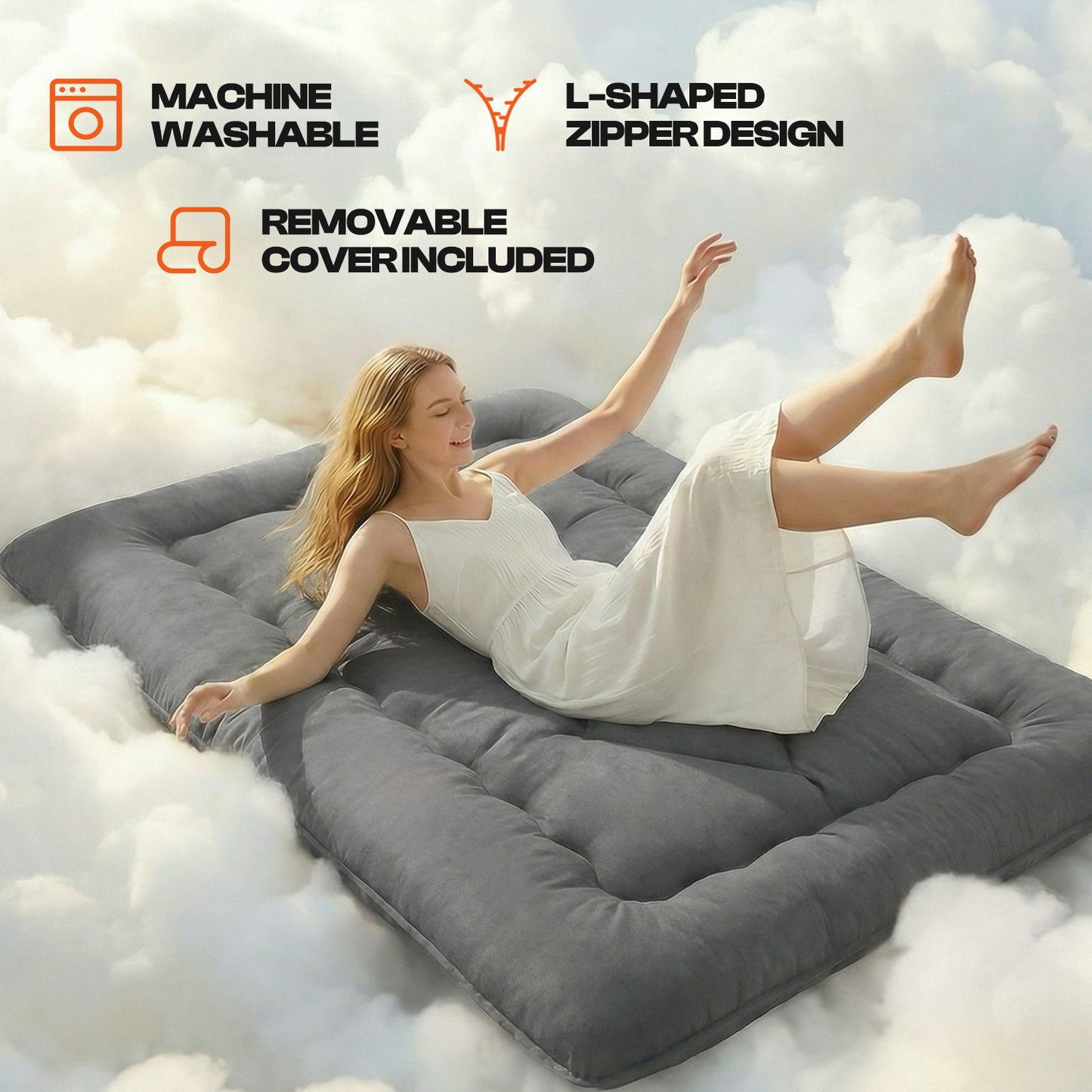 CHIC LINK 4" Thick Japanese Futon Mattress - Space Saving Foldable Floor Bed for Guests, Dorms & Kids Rooms, Portable Tatami Mat with Firm Support & Carry Strap Full Gray