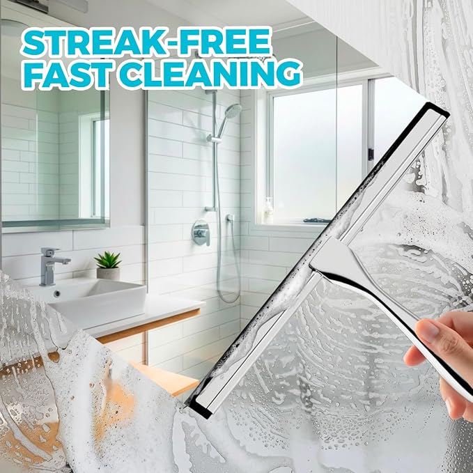 2 Pack Shower Squeegee with Adhesive Hook, 12in Glass Wiper, Soft Rubber Blade & Metal Ergonomic Handle, Bathroom Window Cleaning Tool, New Home Essentials