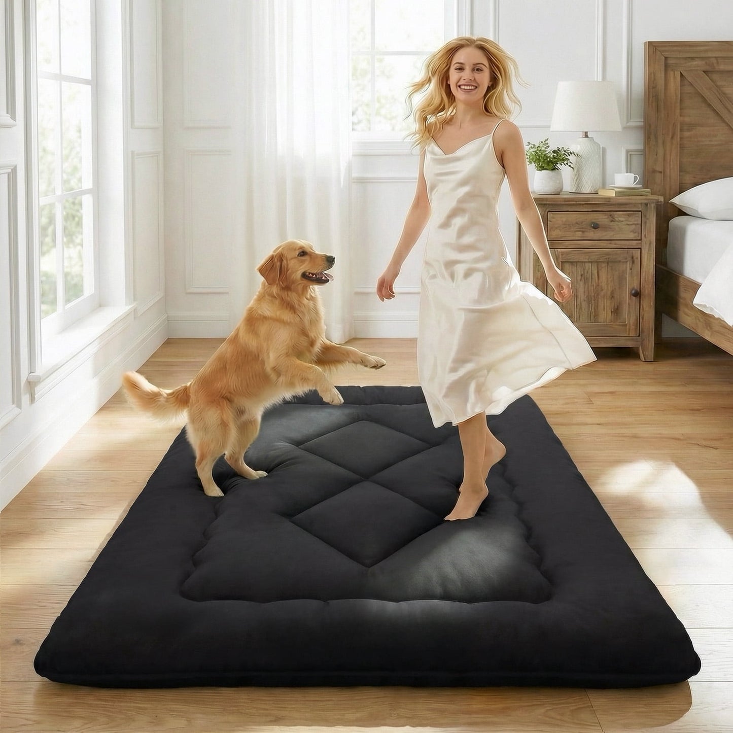4" Thick Japanese Futon Mattress - Space Saving Foldable Floor Bed for Guests, Dorms & Kids Rooms, Portable Tatami Mat with Firm Support & Carry Strap Twin Black