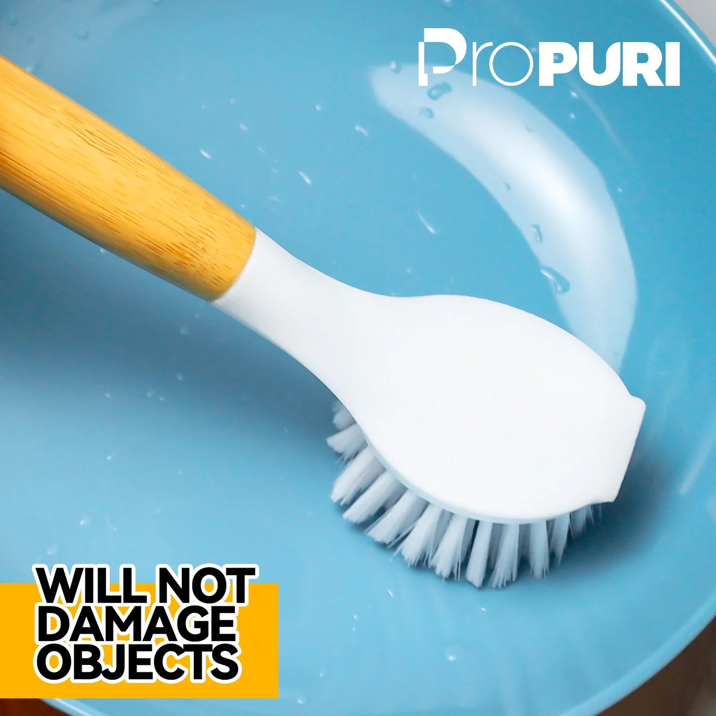 propuri Dish Brush Set with Bamboo Handle, Kitchen Scrub Brush,3 Pack Yellow White Black