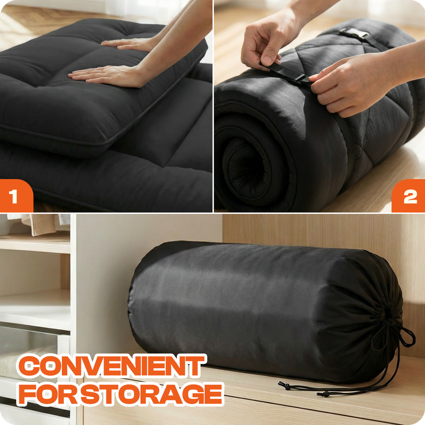 CHIC LINK 4" Thick Japanese Futon Mattress Pad - Foldable Floor Mattress & Sleeping Pad for Guests, Dorms & Kids Rooms, Portable Tatami Style Bed with Firm Support & Carry Strap, Full Size, Black