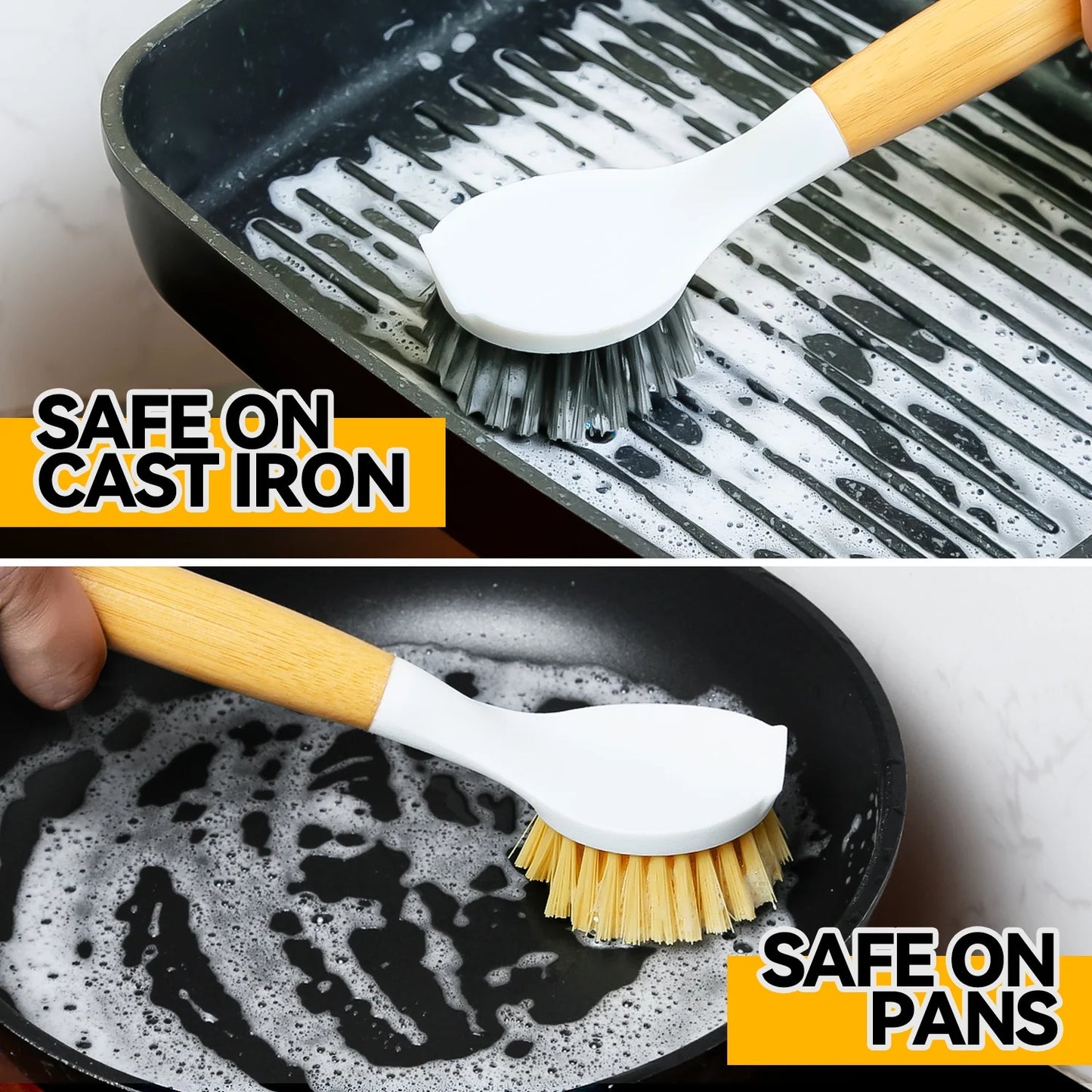 propuri Dish Brush Set with Bamboo Handle, Kitchen Scrub Brush,3 Pack Yellow White Black