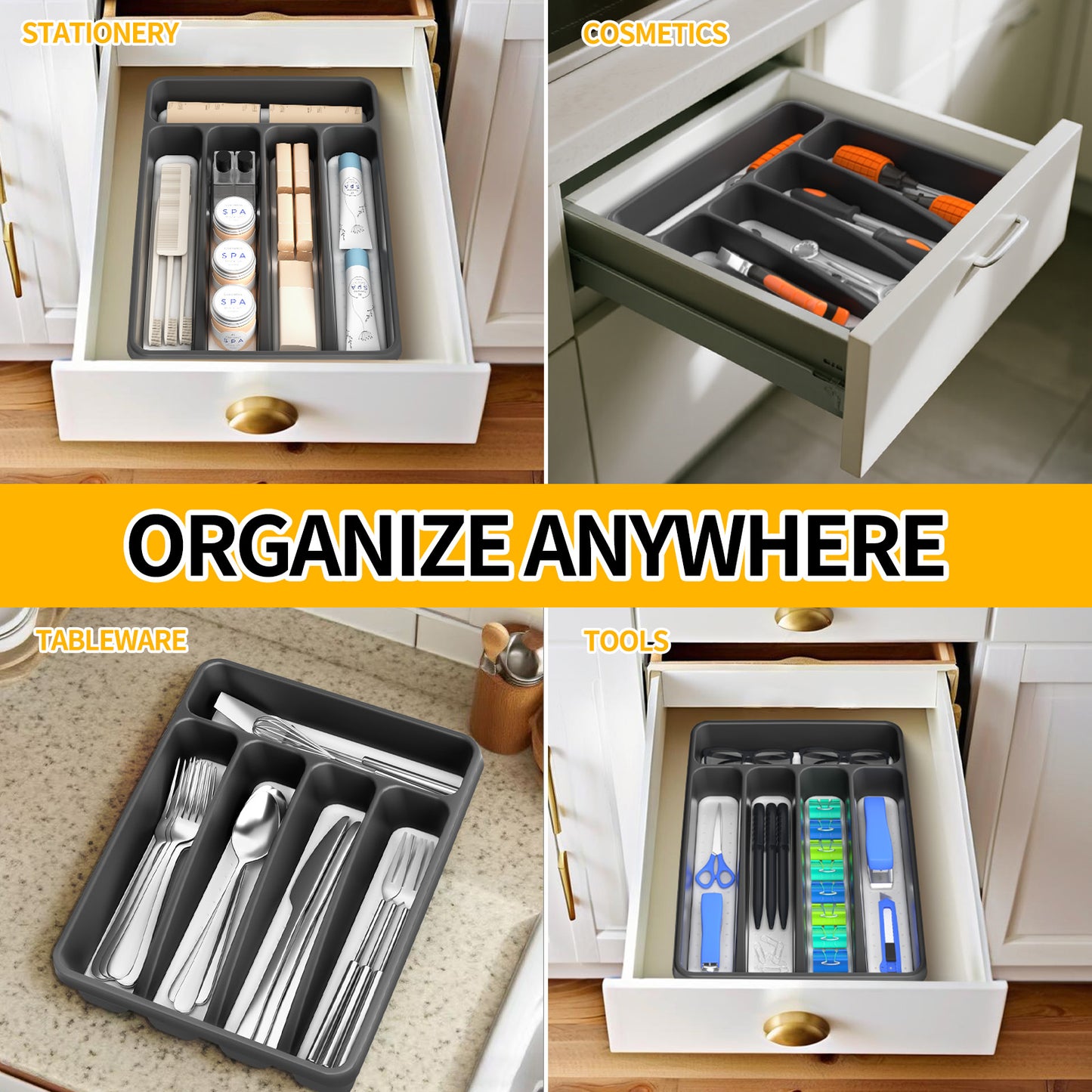 propuri Silverware Organizer - BPA-Free Kitchen Drawer Organizer with Non-slip TPR Linings, Utensil Holder Cutlery Drawer Organizer for Forks, Spoons and Knives- 5 Slots, Grey