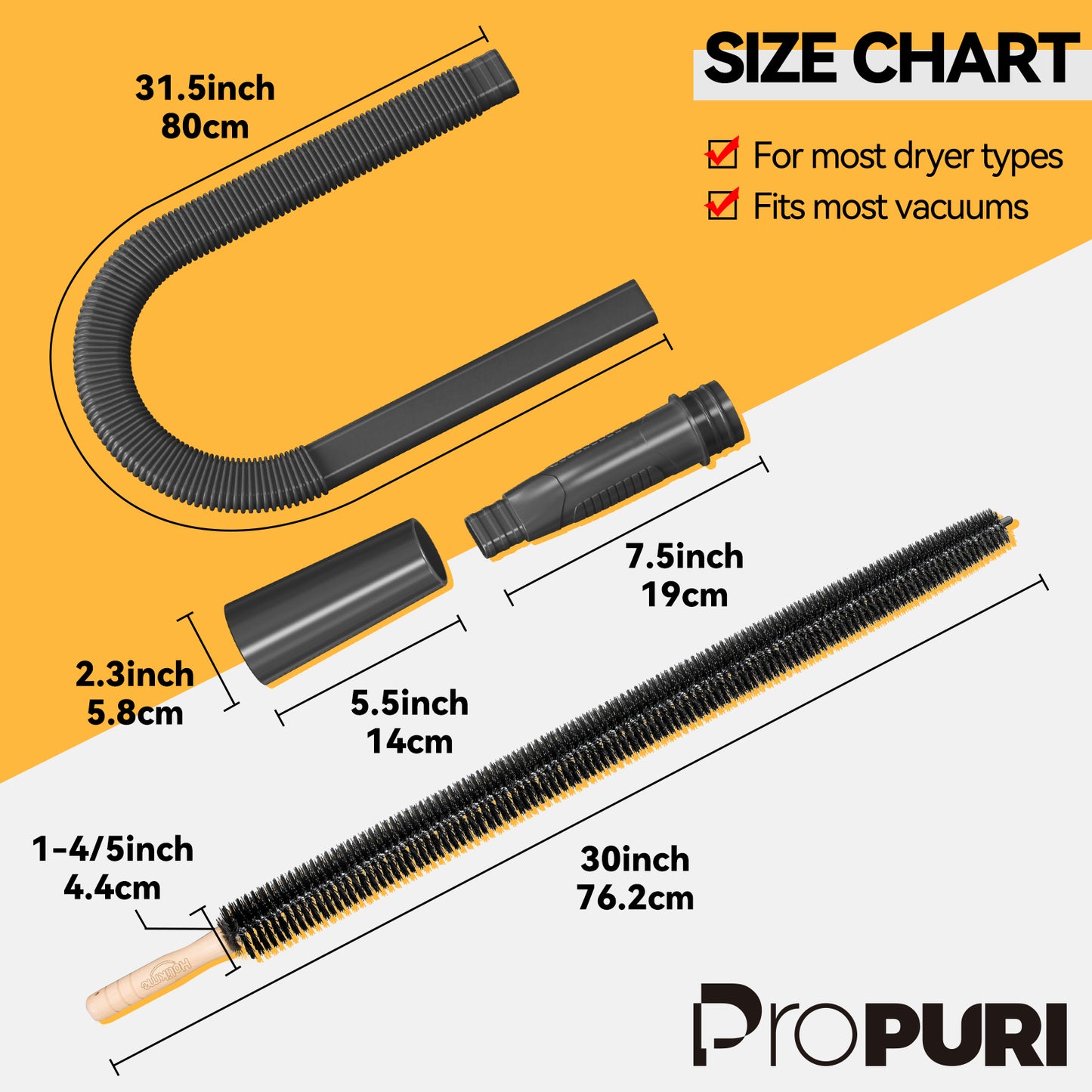 propuri Dryer Vent Cleaning Kit, Dryer Lint Vacuum Attachment and Flexible Dryer Lint Brush, Vacuum Hose Attachment Brush, 2PCS Black