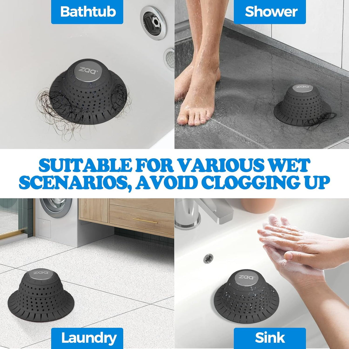 propuri Shower Drain Hair Catcher, 4.5" Collapsible Silicone Bathtub Drain Strainer with Weighted Stainless Steel Core for Flat and Pop-Up Drains£¬2 Pack,Black
