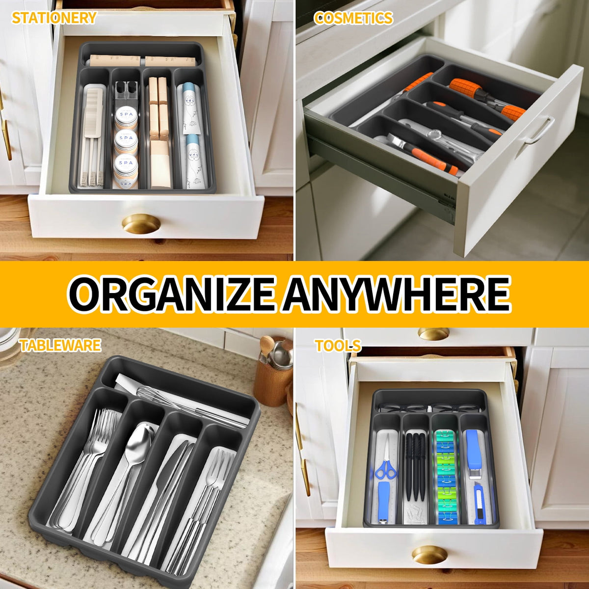 propuri Silverware Organizer - BPA-Free Kitchen Drawer Organizer with Non-slip TPR Linings, Utensil Holder Cutlery Drawer Organizer for Forks, Spoons and Knives- 5 Slots, Grey£¬2Pack